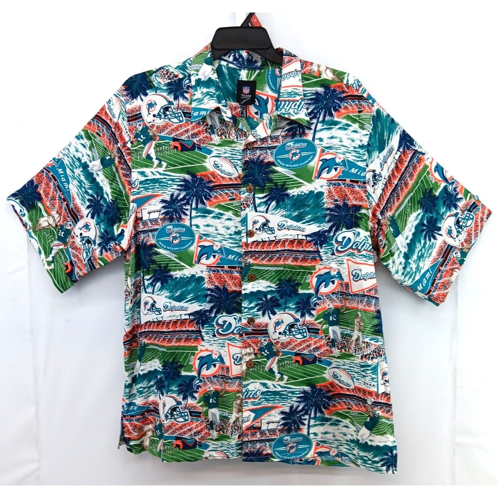 Miami Dolphins Dress Shirt Men Size XL All Over Print Hawaiian Style Button Up